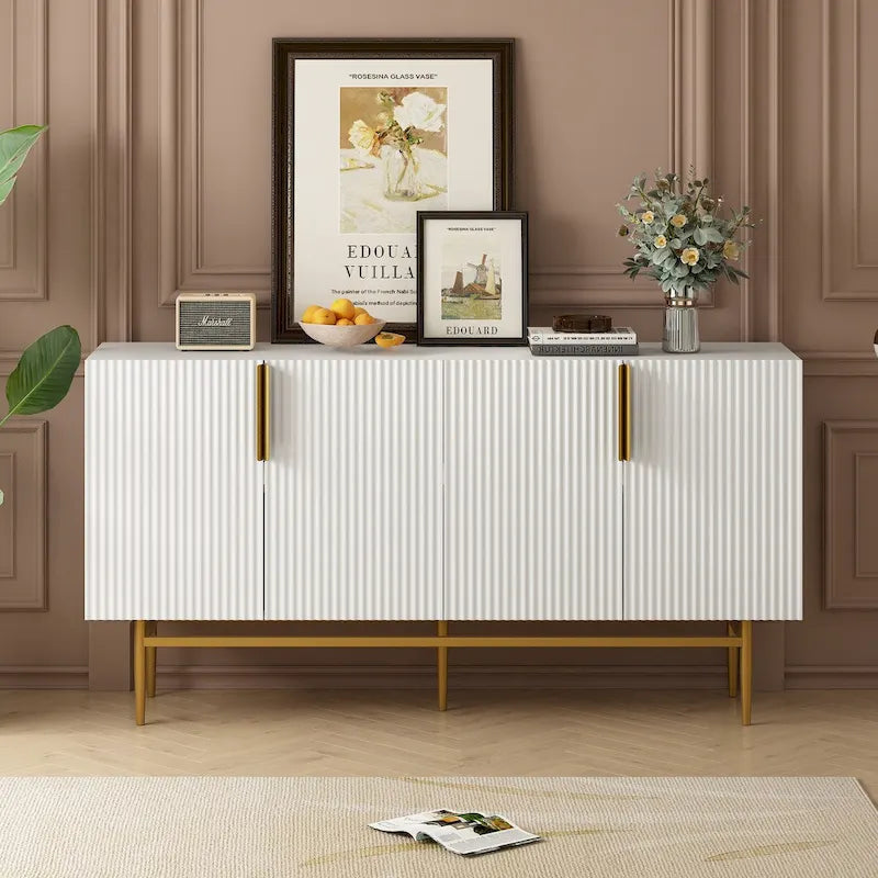 Buffet 4 portes gris / noir / blanc avec poignées en métal doré – Meuble simple
