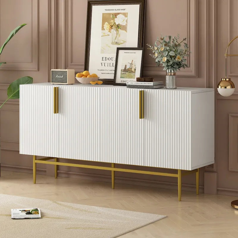 Buffet 4 portes gris / noir / blanc avec poignées en métal doré – Meuble simple