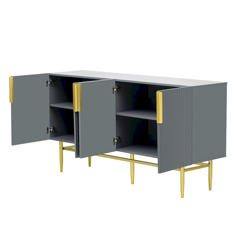 Buffet 4 portes gris / noir / blanc avec poignées en métal doré – Meuble simple