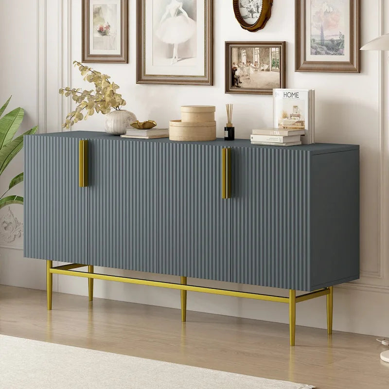 Buffet 4 portes gris / noir / blanc avec poignées en métal doré – Meuble simple