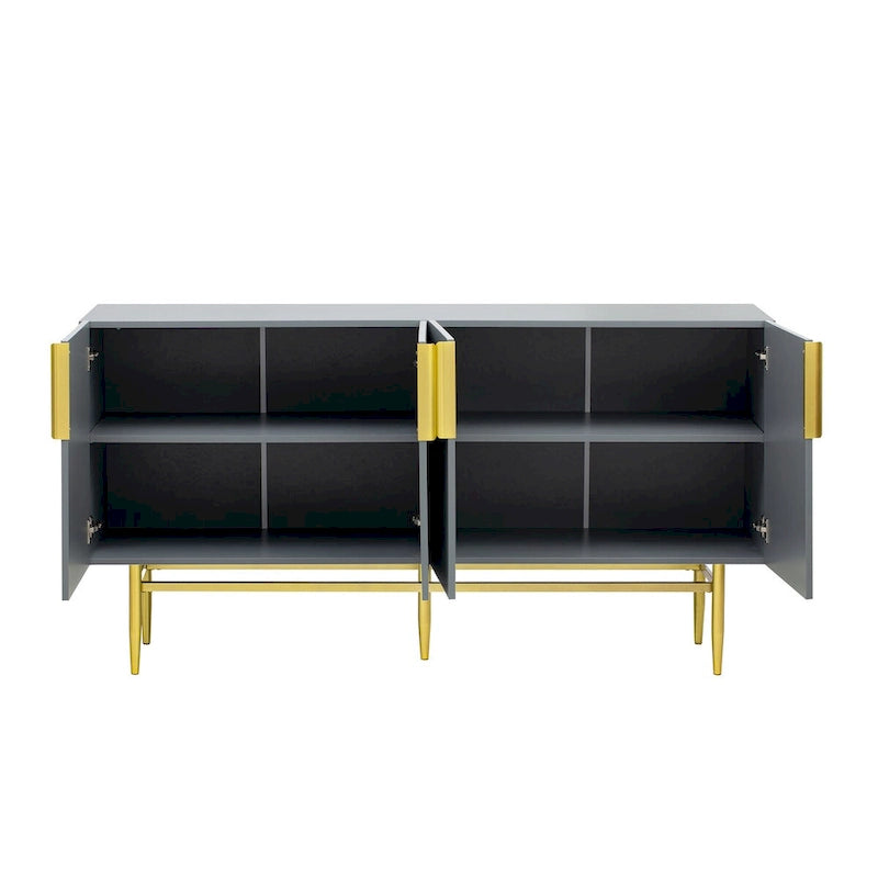 Buffet 4 portes gris / noir / blanc avec poignées en métal doré – Meuble simple
