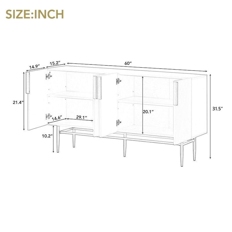 Buffet 4 portes gris / noir / blanc avec poignées en métal doré – Meuble simple