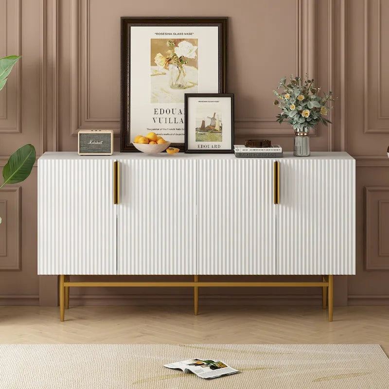 Buffet 4 portes gris / noir / blanc avec poignées en métal doré – Meuble simple