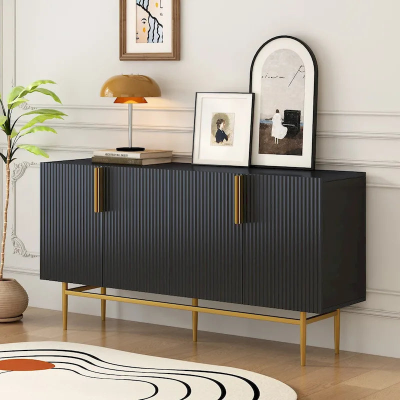 Buffet 4 portes gris / noir / blanc avec poignées en métal doré – Meuble simple