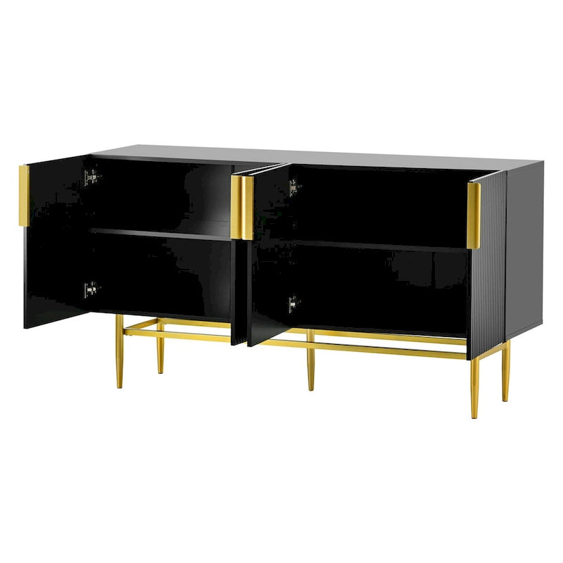 Buffet 4 portes gris / noir / blanc avec poignées en métal doré – Meuble simple