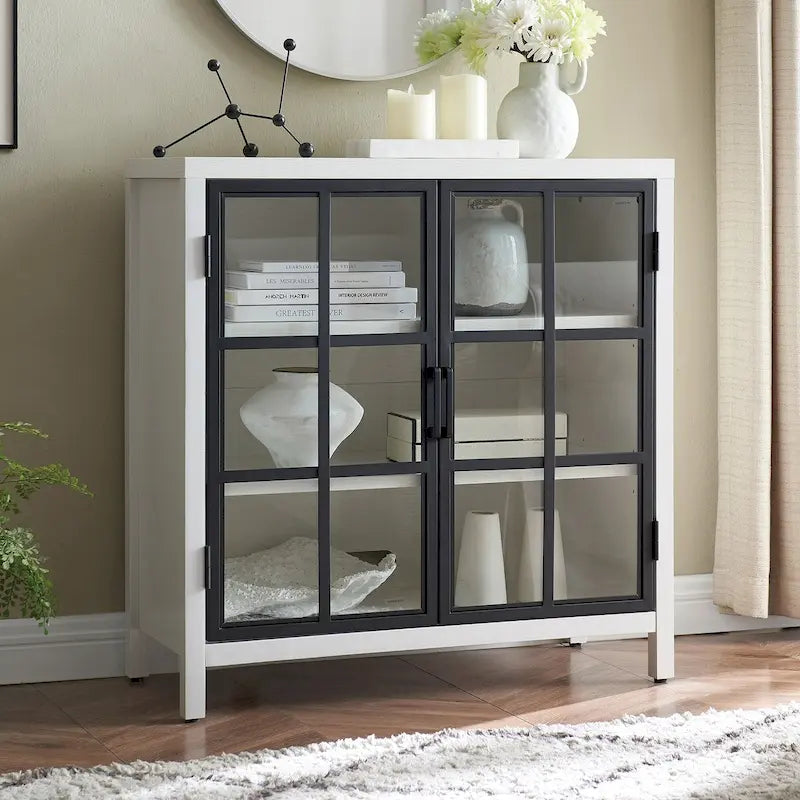 Meuble d'appoint à porte vitrée de 80 cm de large, motif grain de bois noir et blanc