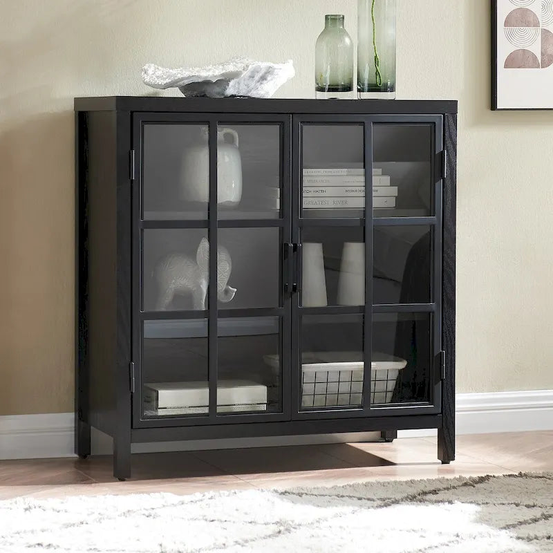 Meuble d'appoint à porte vitrée de 80 cm de large, motif grain de bois noir et blanc