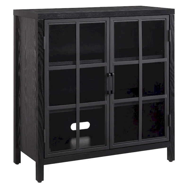 Meuble d'appoint à porte vitrée de 80 cm de large, motif grain de bois noir et blanc