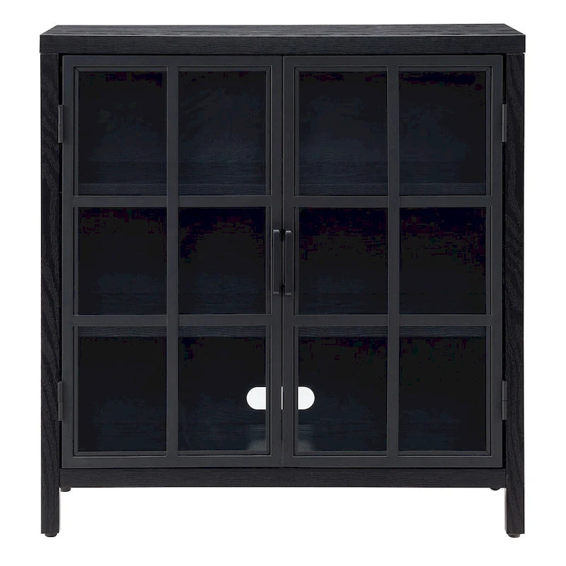 Meuble d'appoint à porte vitrée de 80 cm de large, motif grain de bois noir et blanc