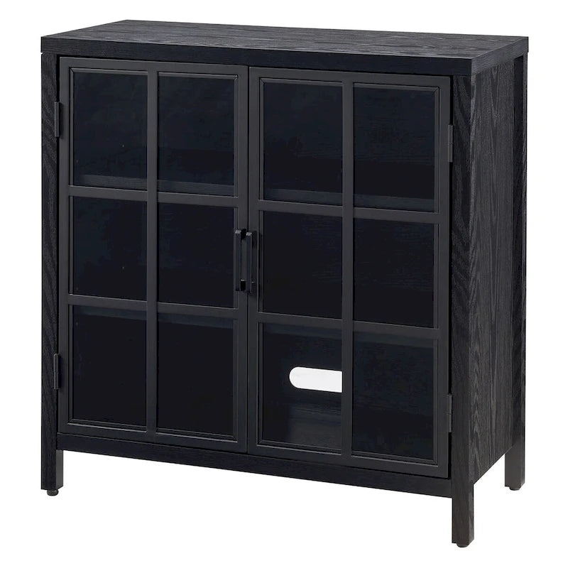 Meuble d'appoint à porte vitrée de 80 cm de large, motif grain de bois noir et blanc