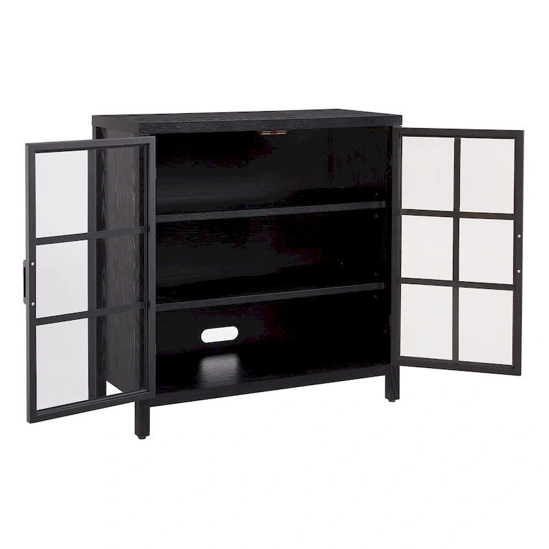 Meuble d'appoint à porte vitrée de 80 cm de large, motif grain de bois noir et blanc
