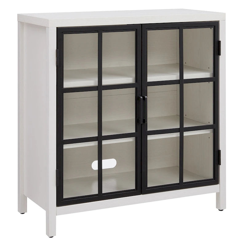 Meuble d'appoint à porte vitrée de 80 cm de large, motif grain de bois noir et blanc