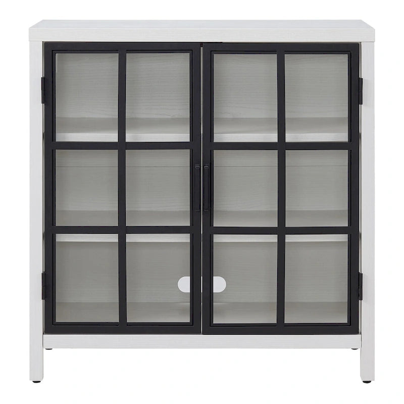 Meuble d'appoint à porte vitrée de 80 cm de large, motif grain de bois noir et blanc