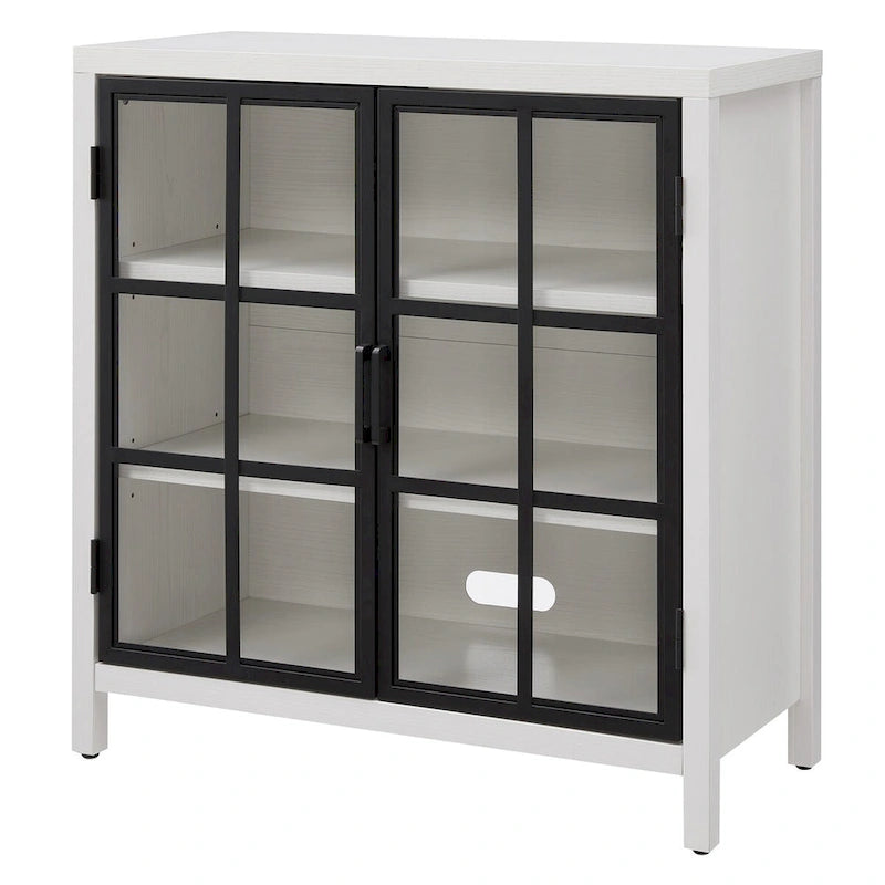 Meuble d'appoint à porte vitrée de 80 cm de large, motif grain de bois noir et blanc