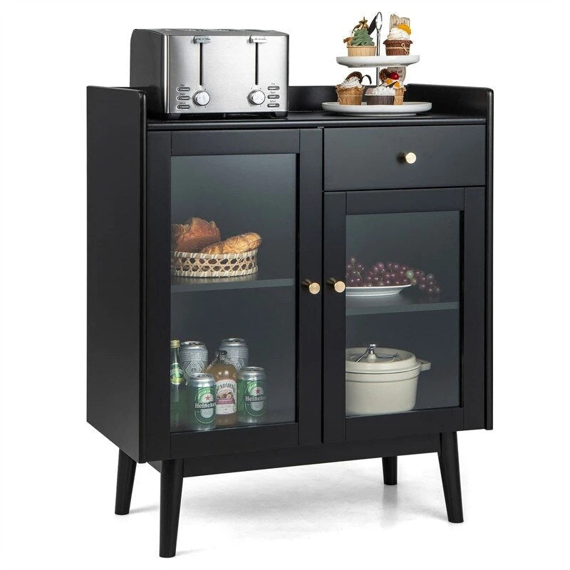 Buffet Mid-Century noir, meuble d'appoint à 2 portes