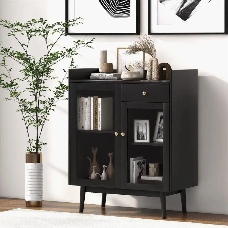 Buffet Mid-Century noir, meuble d'appoint à 2 portes