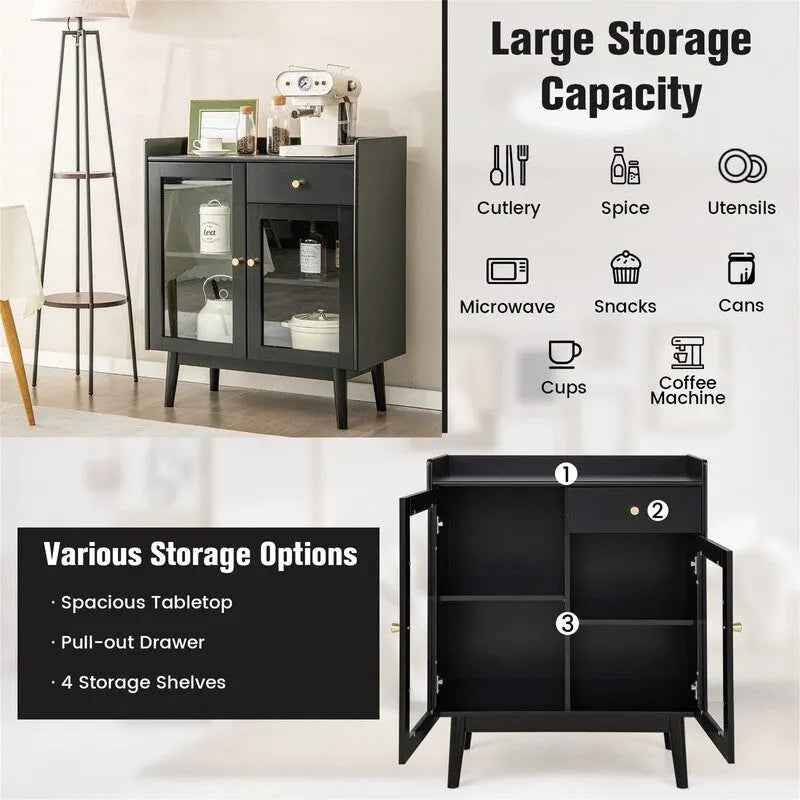 Buffet Mid-Century noir, meuble d'appoint à 2 portes