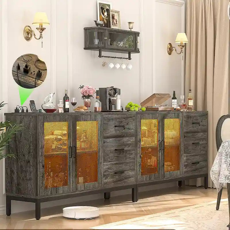 Buffet de rangement marron 114 cm avec lumières LED et station de charge – 3 tiroirs, 1 étagère
