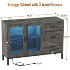 Buffet de rangement marron 114 cm avec lumières LED et station de charge – 3 tiroirs, 1 étagère
