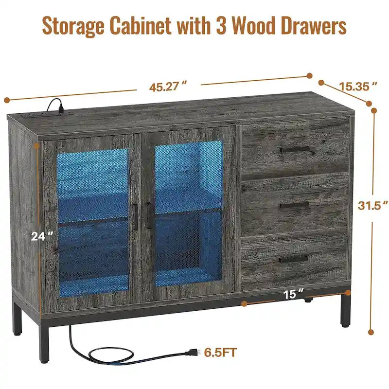 Buffet de rangement marron 114 cm avec lumières LED et station de charge – 3 tiroirs, 1 étagère