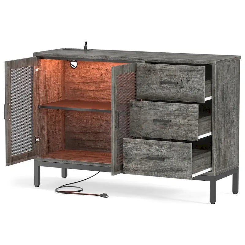 Buffet de rangement marron 114 cm avec lumières LED et station de charge – 3 tiroirs, 1 étagère
