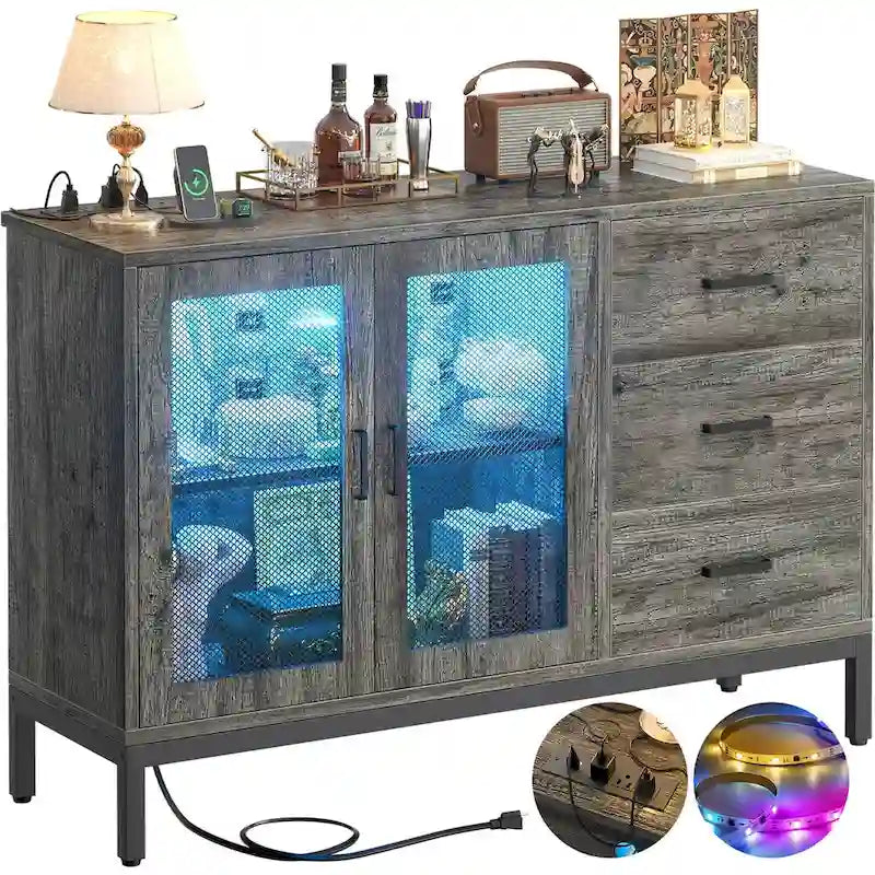 Buffet de rangement marron 114 cm avec lumières LED et station de charge – 3 tiroirs, 1 étagère
