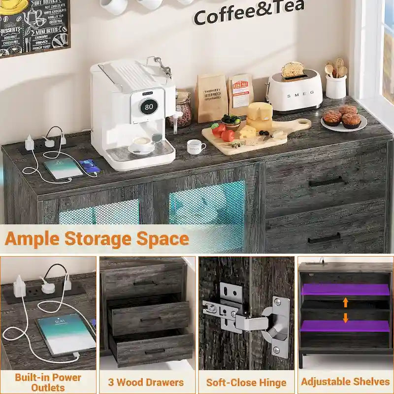 Buffet de rangement marron 114 cm avec lumières LED et station de charge – 3 tiroirs, 1 étagère