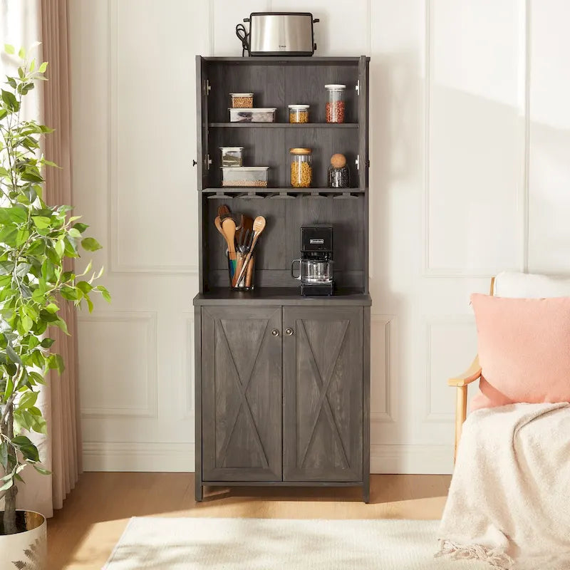 Meuble de bar en bois marron avec porte vitrée, style grange en X, pour 1 à 2 personnes