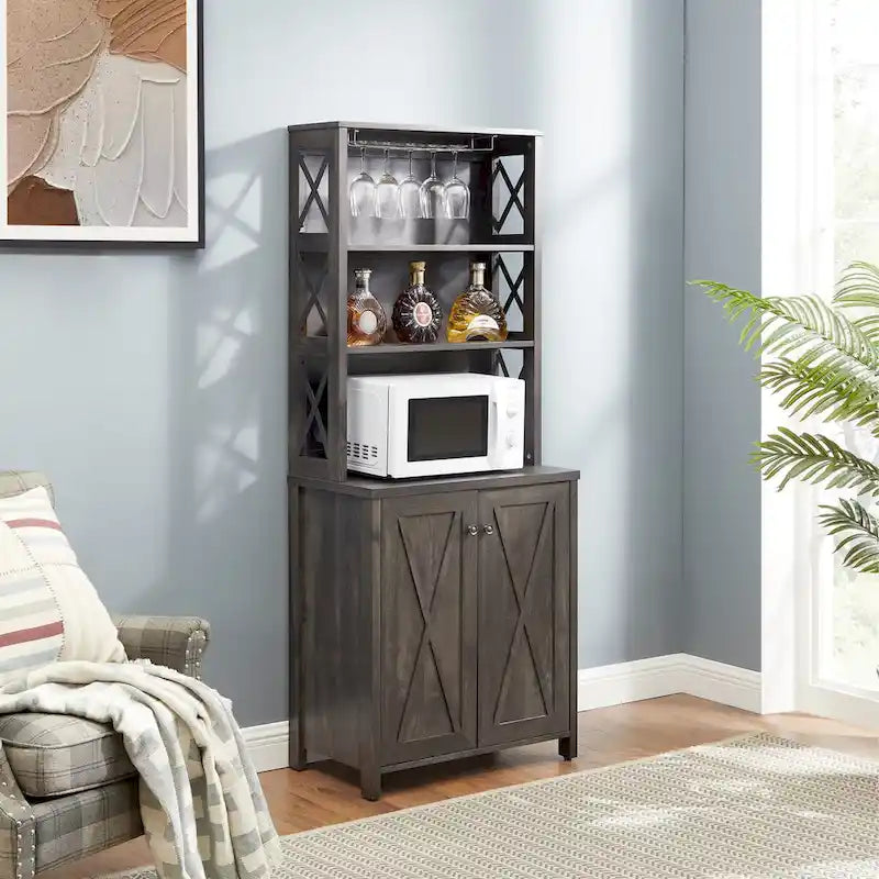 Meuble de bar en bois marron avec porte vitrée, style grange en X, pour 1 à 2 personnes