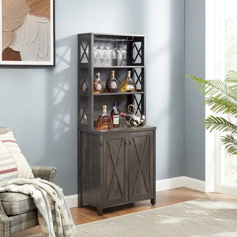 Meuble de bar en bois marron avec porte vitrée, style grange en X, pour 1 à 2 personnes