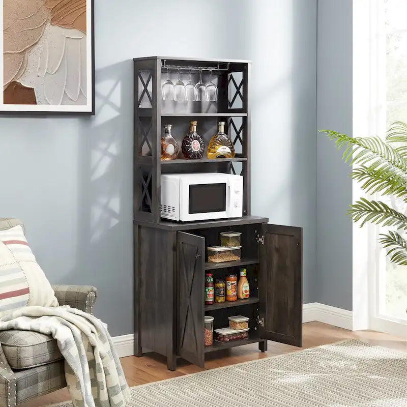 Meuble de bar en bois marron avec porte vitrée, style grange en X, pour 1 à 2 personnes