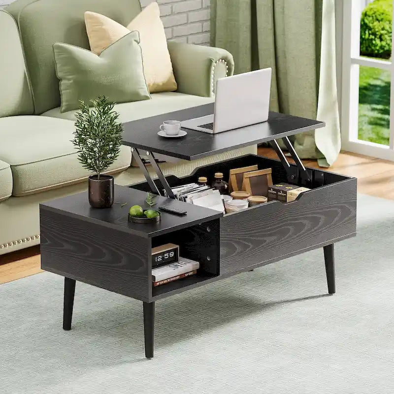 Table basse relevable noire/marron avec rangement intégré — Utilisation par 1 personne