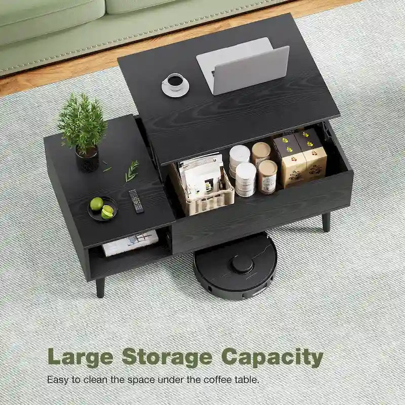 Table basse relevable noire/marron avec rangement intégré — Utilisation par 1 personne