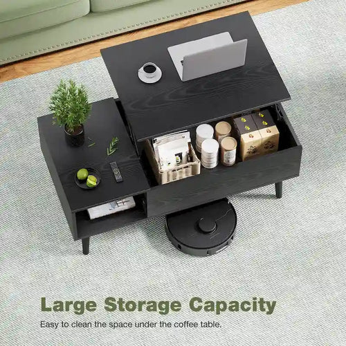 Table basse relevable noire/marron avec rangement intégré — Utilisation par 1 personne