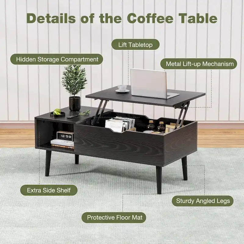Table basse relevable noire/marron avec rangement intégré — Utilisation par 1 personne