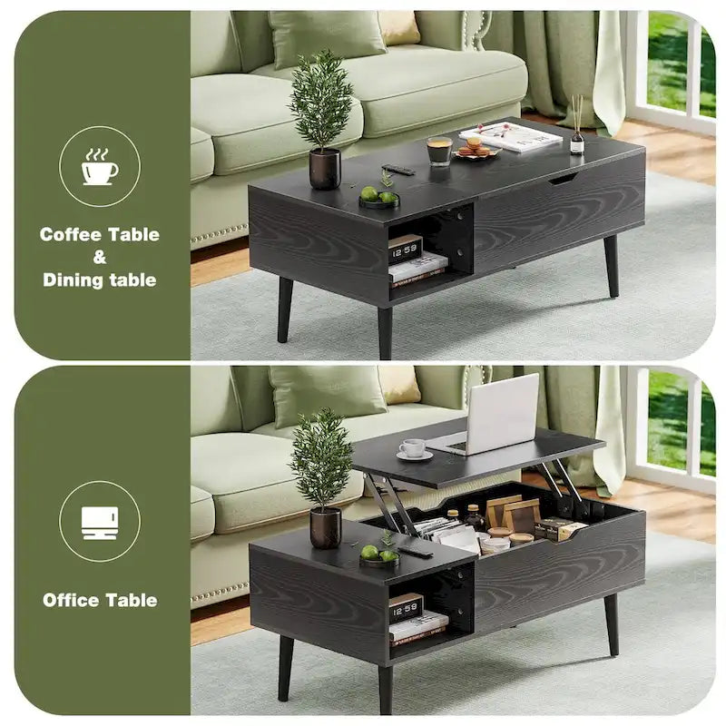 Table basse relevable noire/marron avec rangement intégré — Utilisation par 1 personne