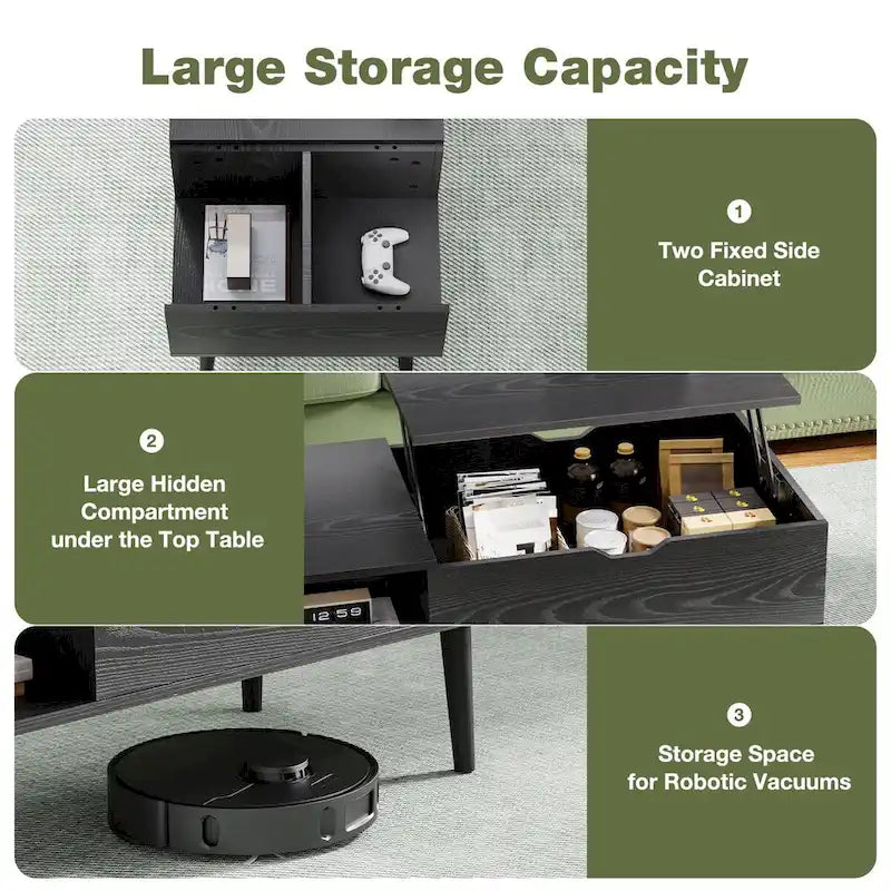 Table basse relevable noire/marron avec rangement intégré — Utilisation par 1 personne
