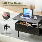 Table basse relevable noire/marron avec rangement intégré — Utilisation par 1 personne