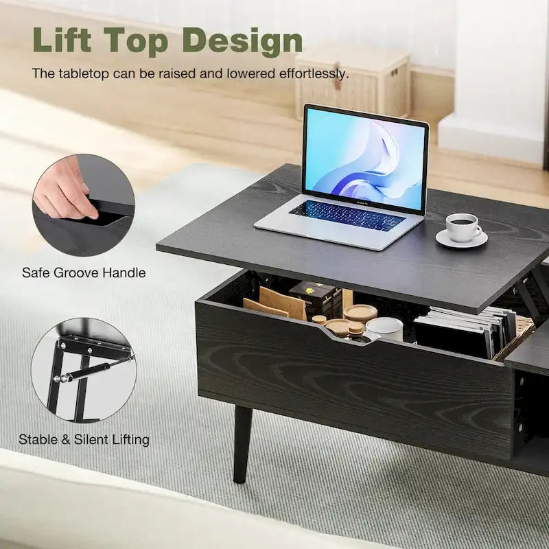Table basse relevable noire/marron avec rangement intégré — Utilisation par 1 personne
