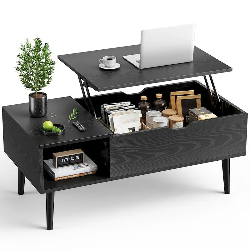 Table basse relevable noire/marron avec rangement intégré — Utilisation par 1 personne