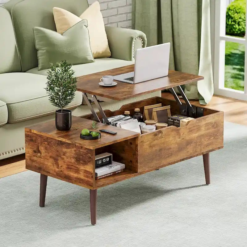 Table basse relevable noire/marron avec rangement intégré — Utilisation par 1 personne