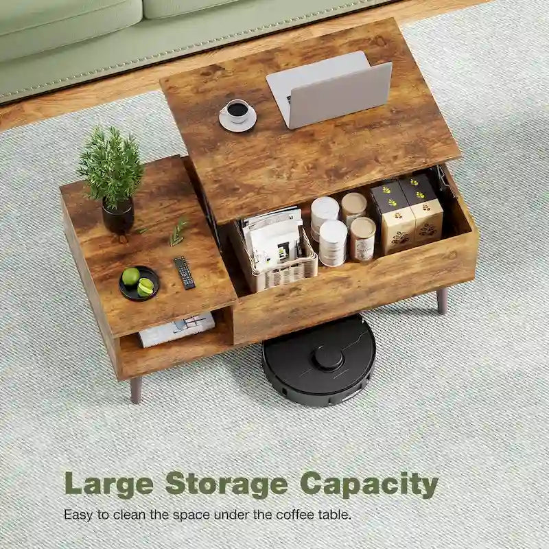 Table basse relevable noire/marron avec rangement intégré — Utilisation par 1 personne