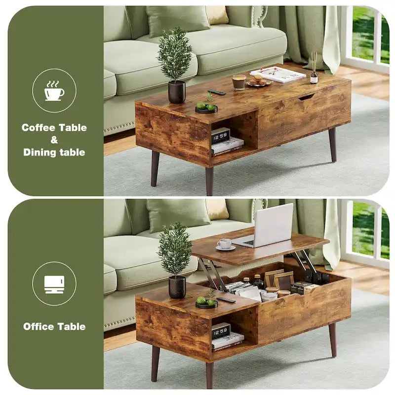 Table basse relevable noire/marron avec rangement intégré — Utilisation par 1 personne