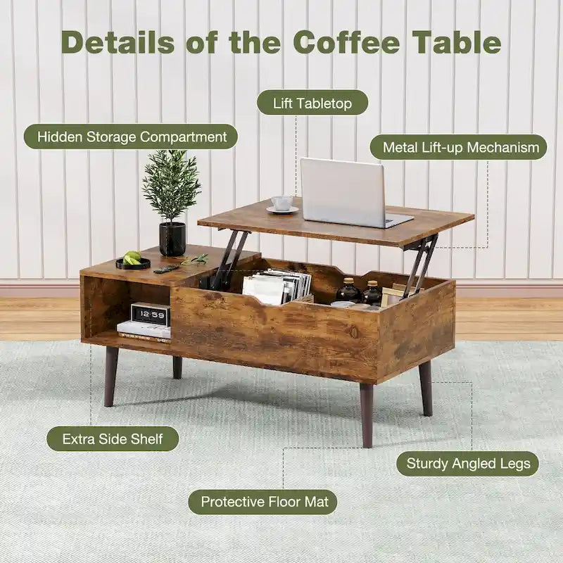 Table basse relevable noire/marron avec rangement intégré — Utilisation par 1 personne