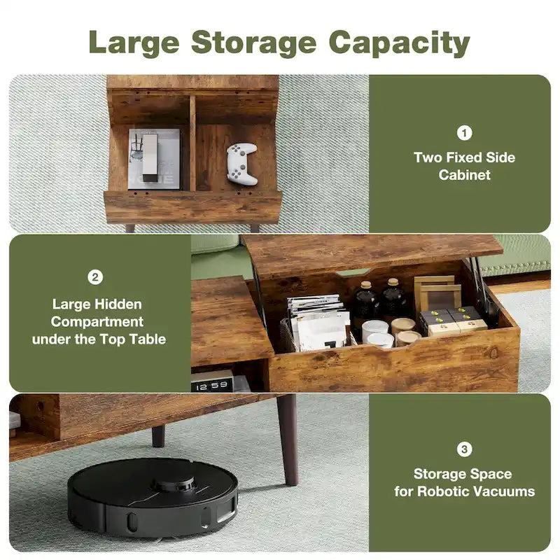 Table basse relevable noire/marron avec rangement intégré — Utilisation par 1 personne