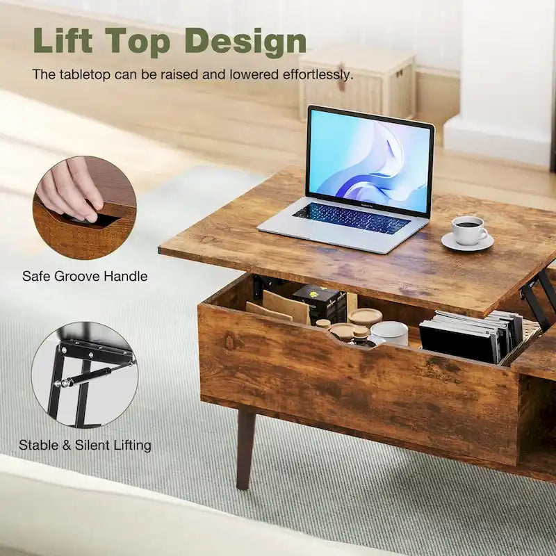 Table basse relevable noire/marron avec rangement intégré — Utilisation par 1 personne
