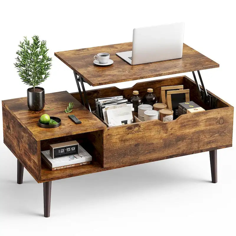 Table basse relevable noire/marron avec rangement intégré — Utilisation par 1 personne