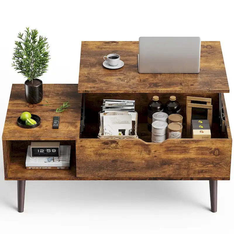 Table basse relevable noire/marron avec rangement intégré — Utilisation par 1 personne