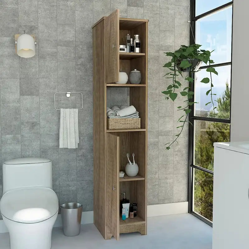 Meuble de rangement en lin beige – Double porte, 2 armoires, 4 étagères
