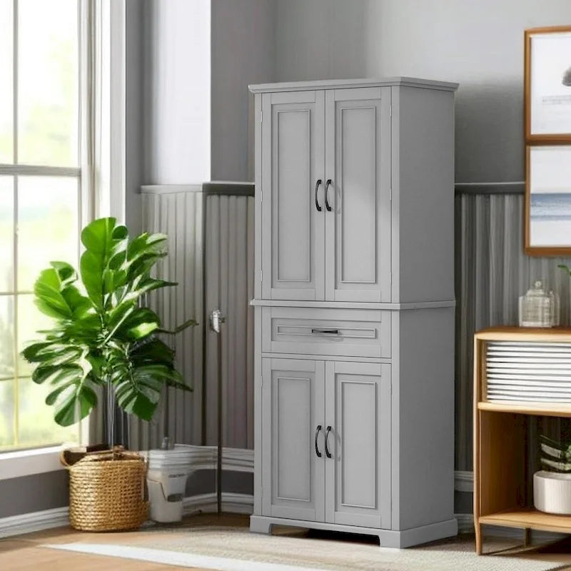 Meuble bas autoportant en bois gris avec portes et tiroir, assemblage par 1 personne